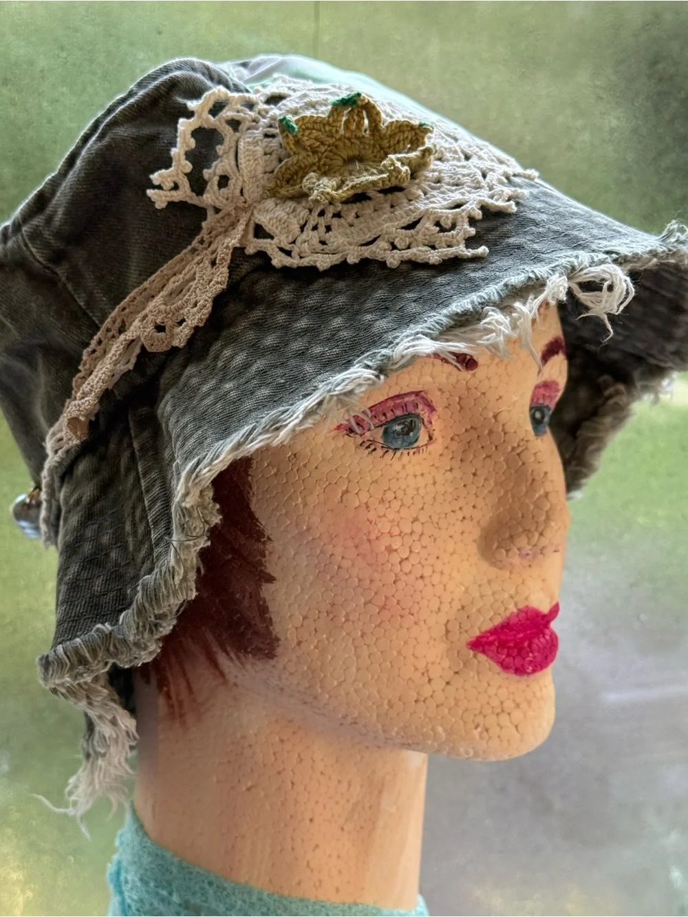 Upcycled Distressed Washed Green Denim Patchwork Bucket Hat OS